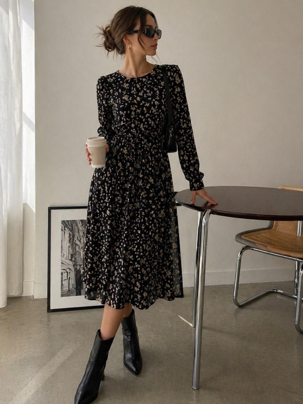 Oak + Fort Black Floral Midi Dress Long Sleeve
